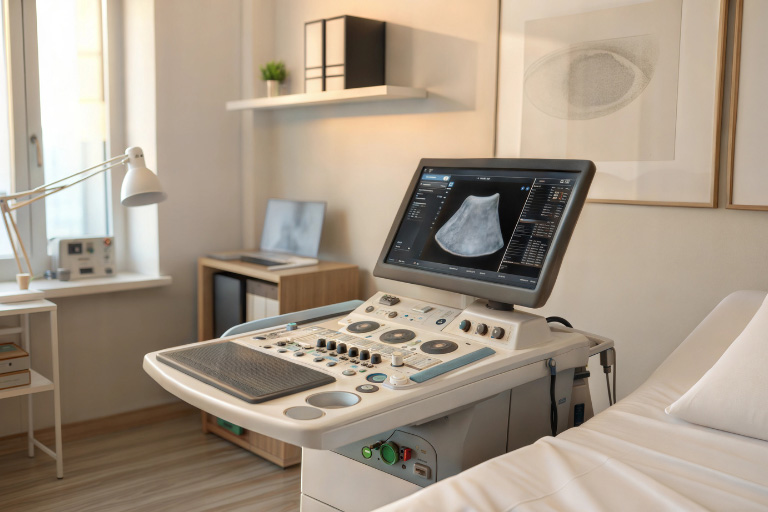 Modernes Ultraschallgerät in einem hellen Untersuchungsraum für schonende und präzise bildgebende Diagnostik