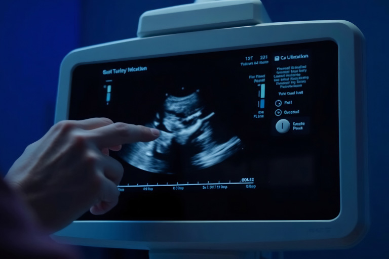 Nahaufnahme eines Ultraschallmonitors mit Sonografiebild während einer diagnostischen Untersuchung durch medizinisches Fachpersonal